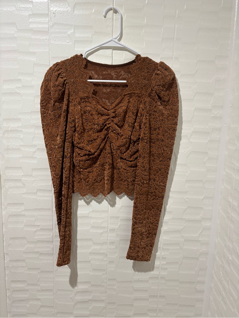 Indian Summer Brown Lace Ruched Long Sleeve Top